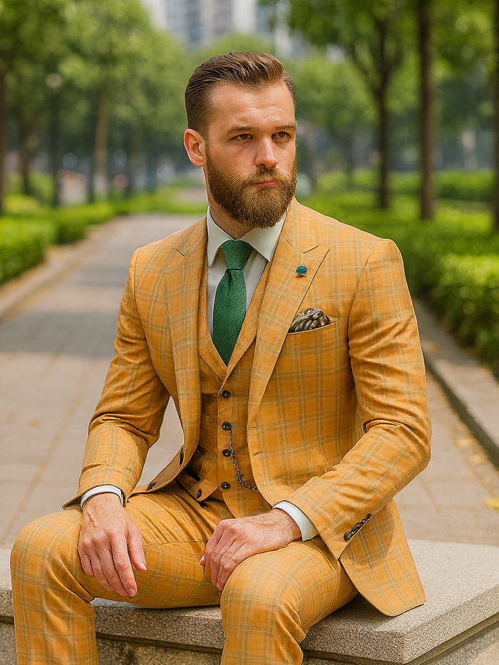 Yellow plaid suit with vest and chain. Structured fit, patterned fabric. Yellow base with contrasting plaid. Includes tailored vest, green tie, and pocket square. Sleek lines, formal tailoring.

