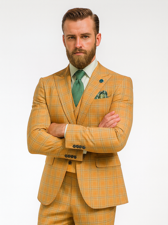 Yellow plaid suit: fitted blazer (two-button, notched lapels), matching trousers & vest. Yellow base with light check. Woven fabric. Structured silhouette, green pocket square.
