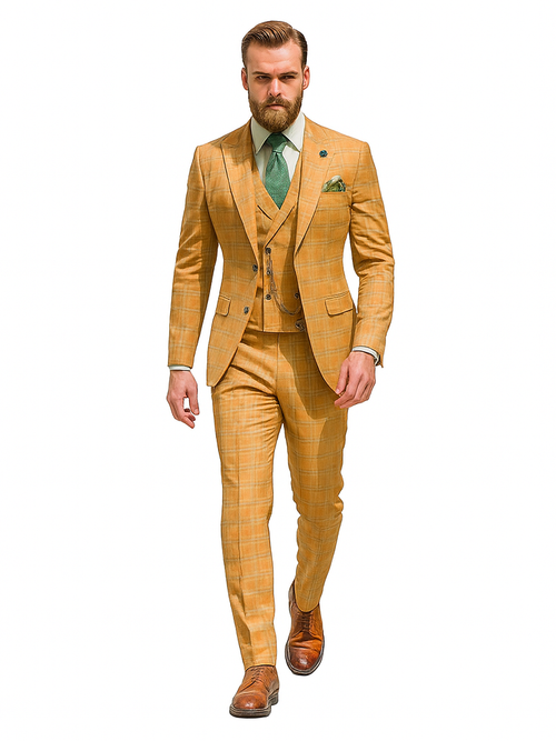 Yellow plaid suit: fitted vest, chain detail. Tailored jacket & trousers with consistent pattern. Structured fabric. Green tie and pocket square accessories complement the design.
