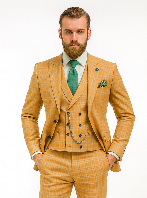 Yellow plaid suit. Double-breasted vest with chain detail. Smooth, structured fabric. Checkered pattern. Ideal for a polished, stylish look.

