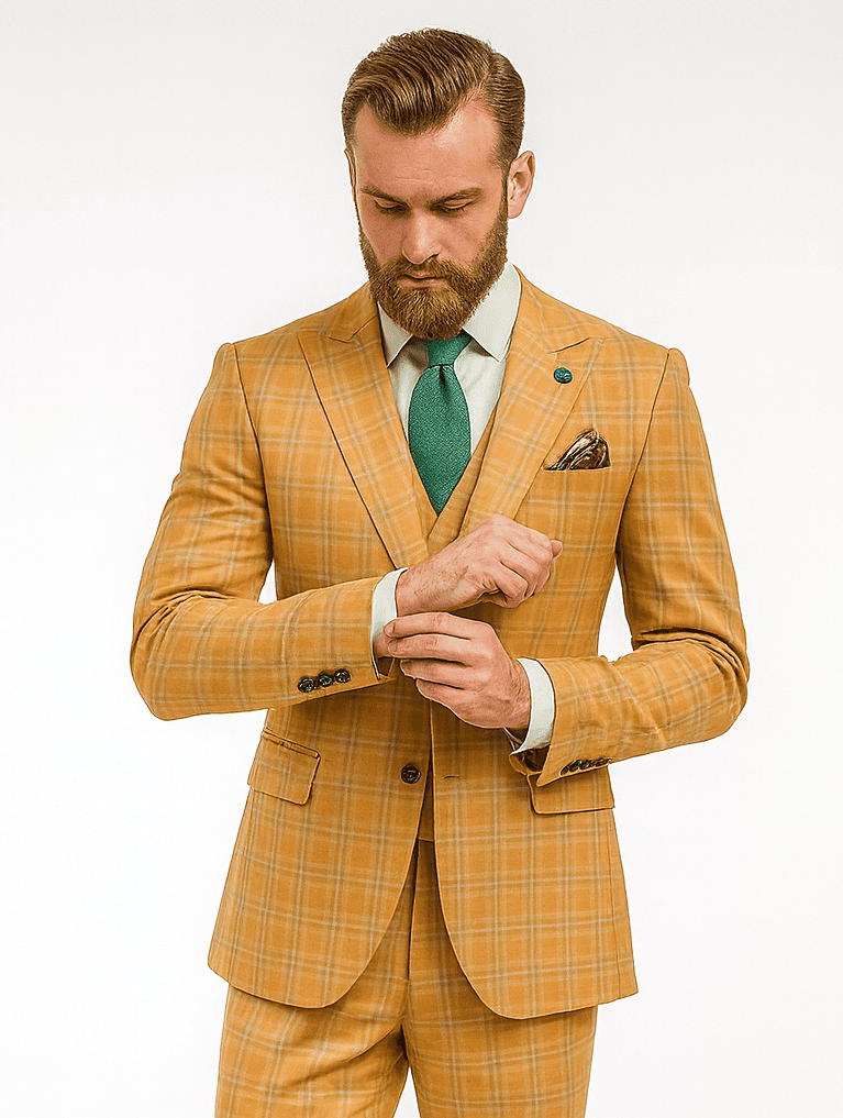 Yellow plaid suit with fitted silhouette, matching vest, and chain. Smooth fabric, structured blazer, and tailored pants. Features: notched lapel, multiple cuff buttons, breast pocket. Green tie/shirt accent.
