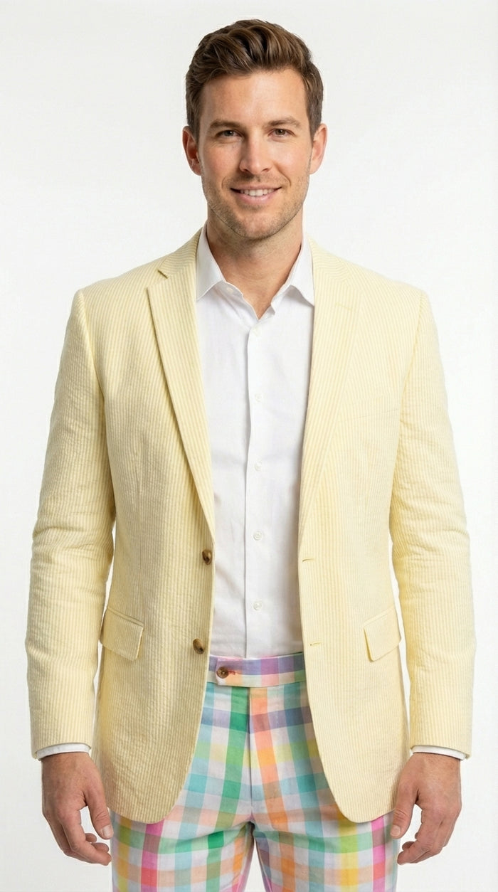 Mens Yellow Seersucker Blazer – Lightweight Summer Sport Coat Formal Casual Wedding Party Jacket