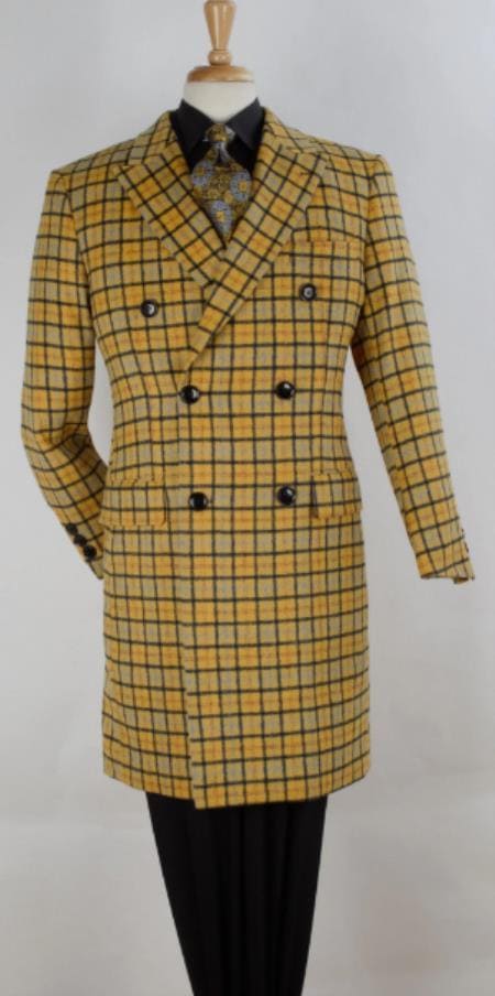 Mens Yellow Windowpane Overcoat - Mens Wool Car Coat - Plaid S 3/4 Length Top Coat - 100% Wool - AlbertoNardoniStore