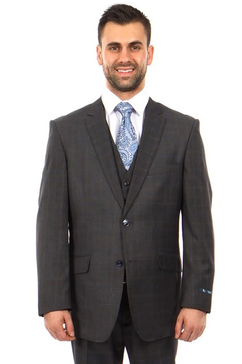 Mens Zegarie Brand Men's 100% Wool Modern Fit Vested Suit in Charcoal Grey & Blue Windowpane Plaid