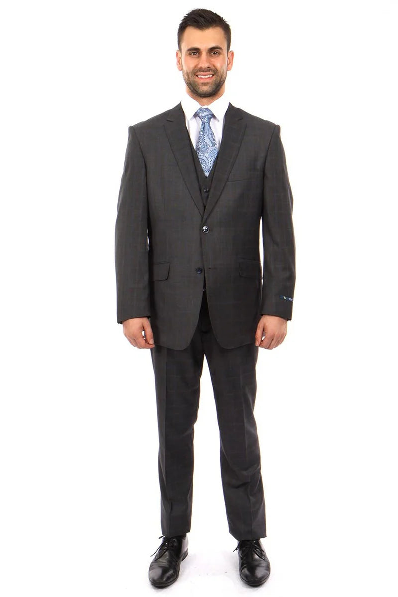 Mens Zegarie Brand Men's 100% Wool Modern Fit Vested Suit in Charcoal Grey & Blue Windowpane Plaid