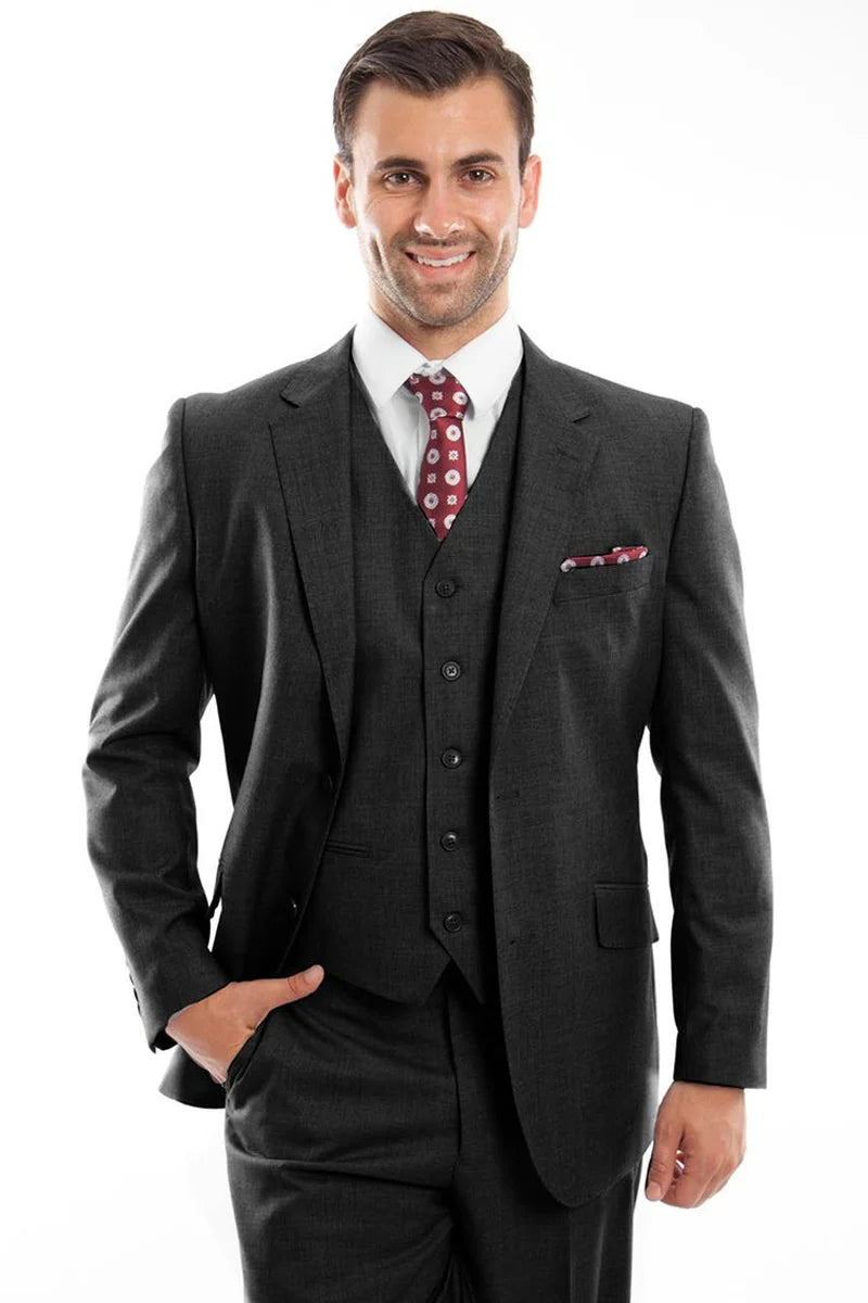Mens Zegarie Brand Men's Designer Two Button Modern Fit Vested Wool Suit in Black