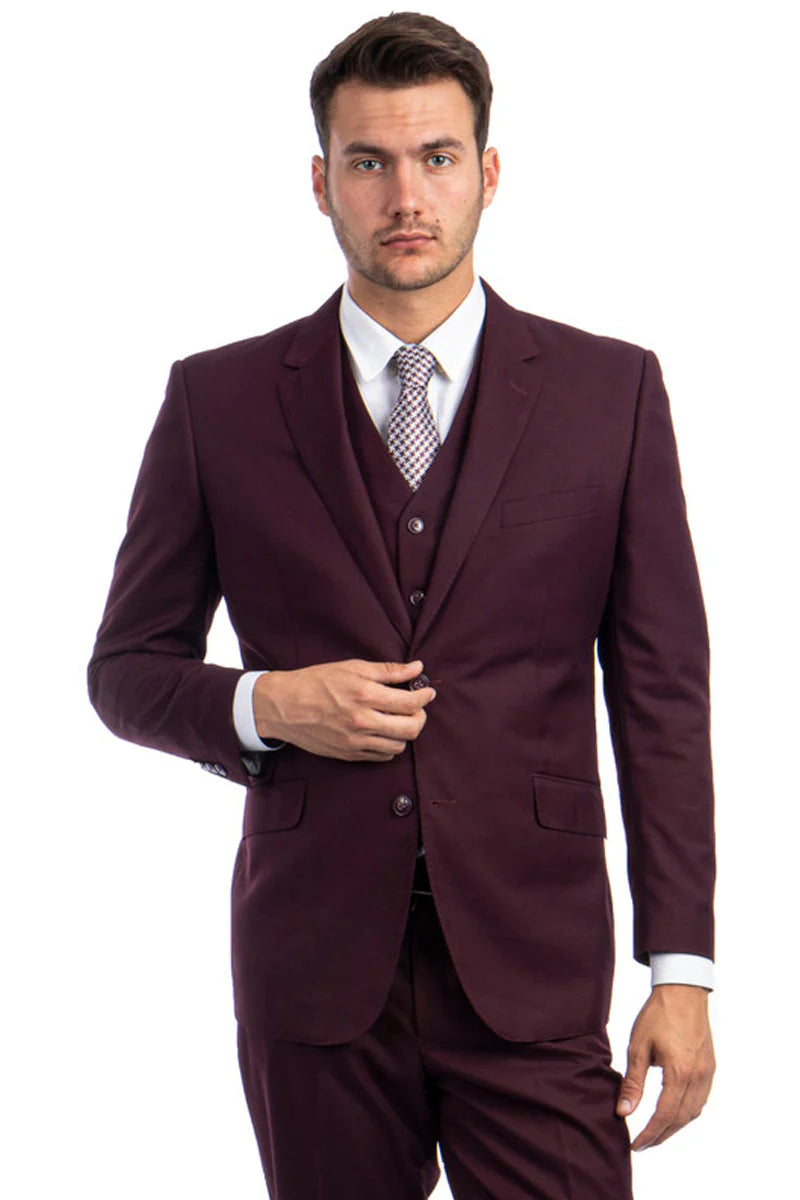 Mens Zegarie Brand Men's Designer Two Button Modern Fit Vested Wool Suit in Burgundy