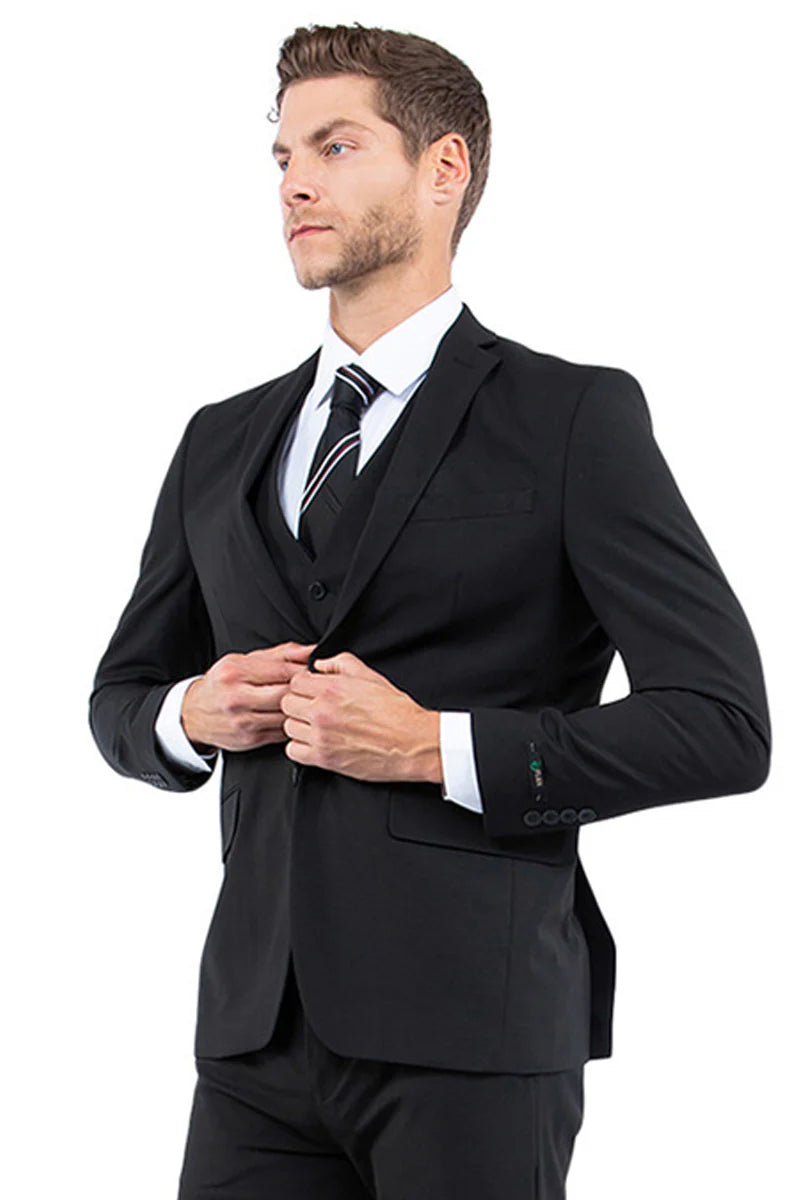 Mens Zegarie Brand Men's One Button Vested Slim Fit Business & Wedding Suit in Black