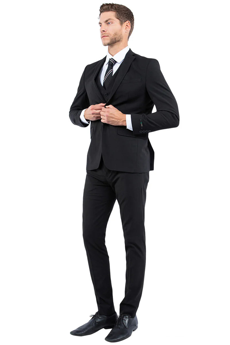 Mens Zegarie Brand Men's One Button Vested Slim Fit Business & Wedding Suit in Black