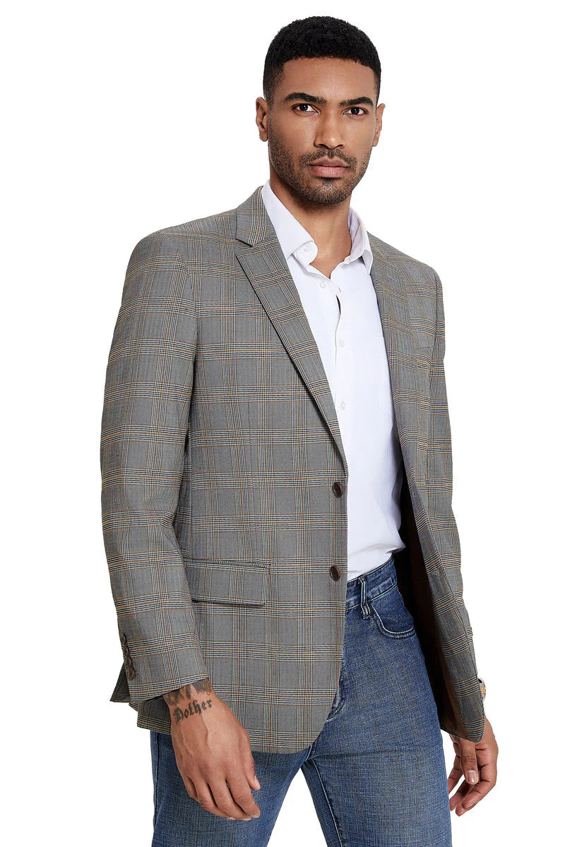 Mens Zegarie Brand Men's Two Button Modern Fit Sport Coat in Tan & Grey Windowpane Plaid