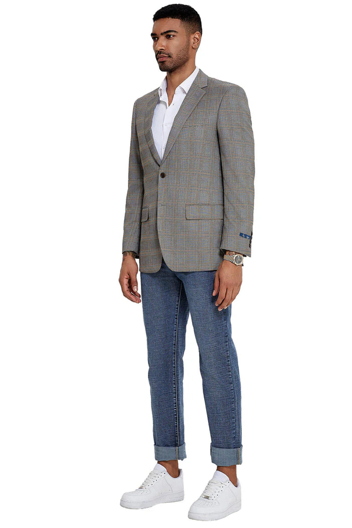 Mens Zegarie Brand Men's Two Button Modern Fit Sport Coat in Tan & Grey Windowpane Plaid