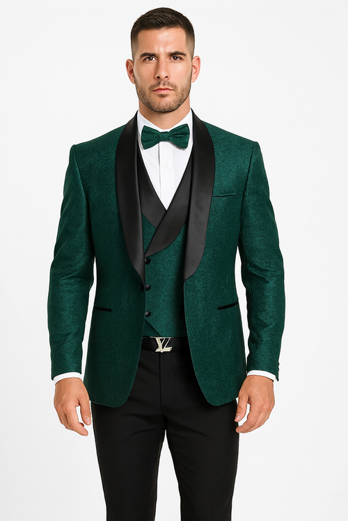 Men’s Designer Hunter Green Tuxedo – Vested Floral Lace Wedding Outfit