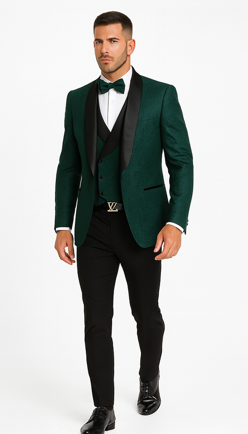 Hunter green tuxedo jacket (textured, black satin lapels) paired with a white shirt and floral vest. Includes black trousers, bow tie & dress shoes, creating a sleek, designer look.
