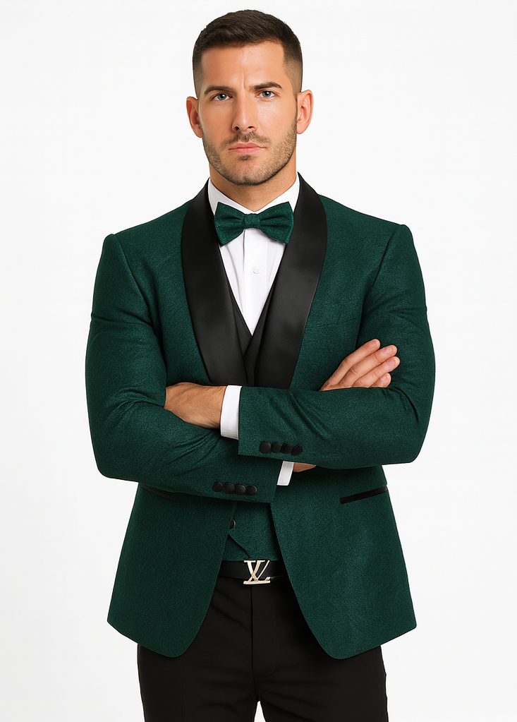 Men’s Designer Hunter Green Tuxedo – Vested Floral Lace Wedding Outfit