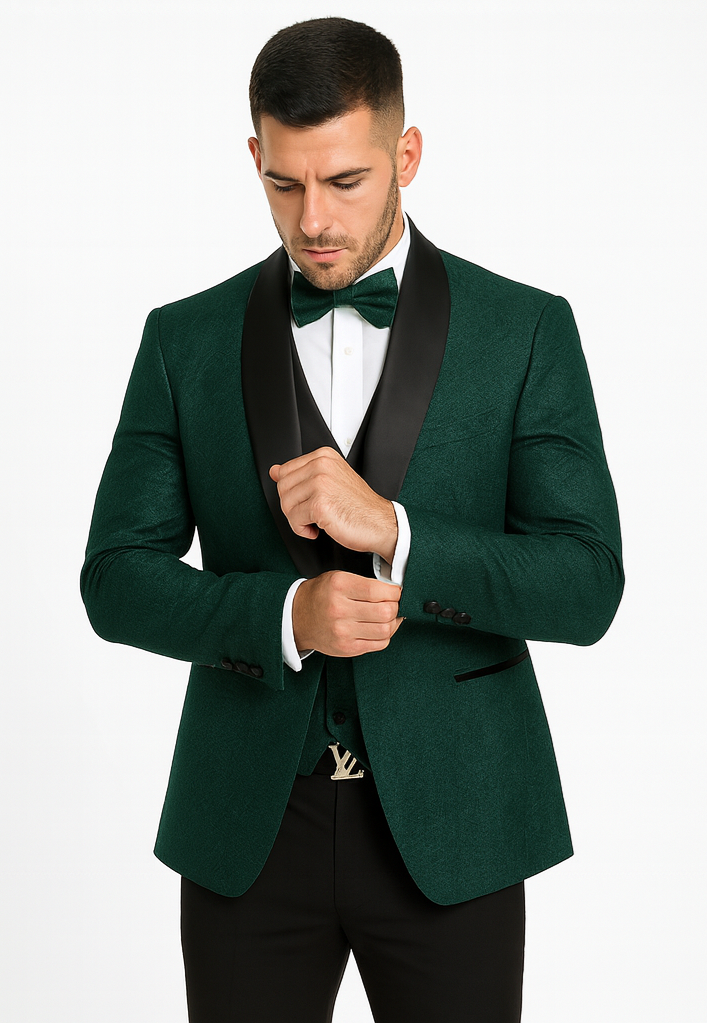 Men’s Designer Hunter Green Tuxedo – Vested Floral Lace Wedding Outfit