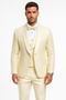 Ivory men's designer tuxedo with fitted shape and floral lace. Includes matching vest, white dress shirt, and bow tie. Elegant and stylish.

