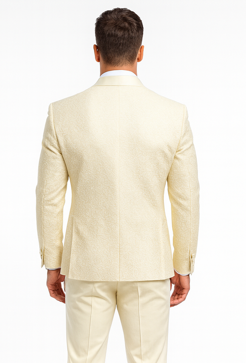 Men’s Designer Ivory Tuxedo – Elegant Vested Floral Lace Wedding Suit