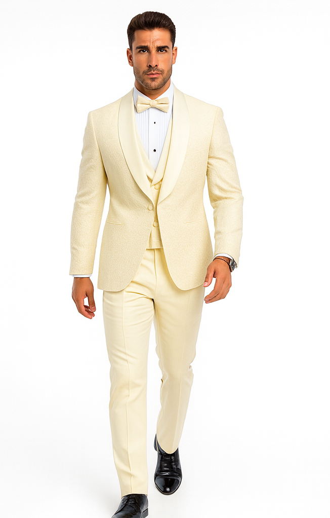 Men’s Designer Ivory Tuxedo – Elegant Vested Floral Lace Wedding Suit
