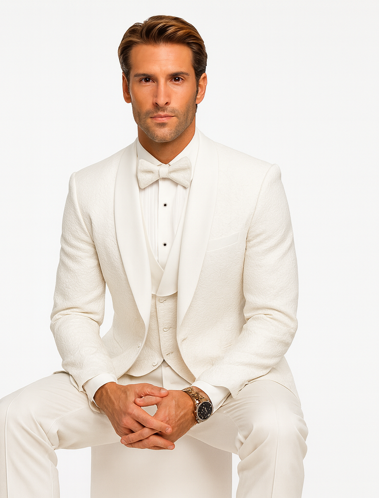 Men’s Designer White Tuxedo – Elegant Vested Floral Lace Wedding Suit