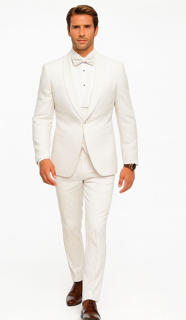 Men’s Designer White Tuxedo – Elegant Vested Floral Lace Wedding Suit