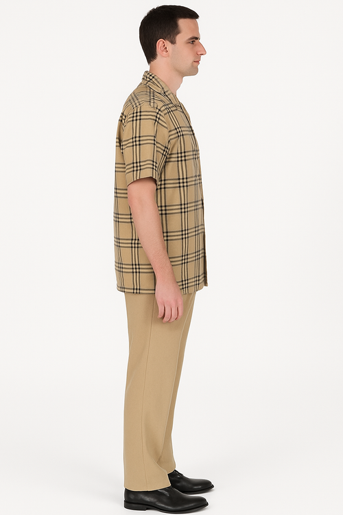 Men's beige plaid summer shirt. Short sleeves, collar, straight hem. Checkered pattern with black and brown lines.
