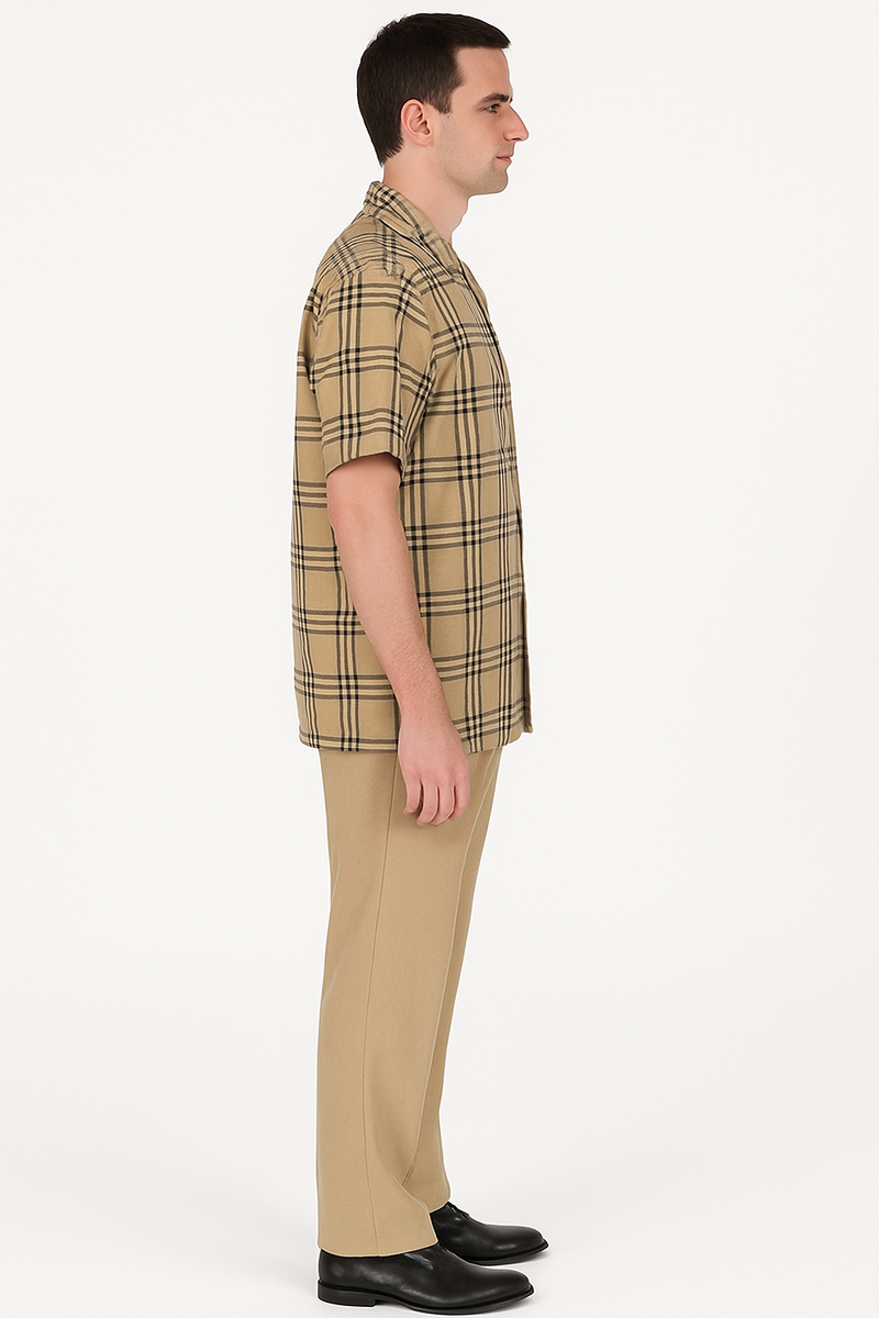 Men's beige plaid summer shirt. Short sleeves, collar, straight hem. Checkered pattern with black and brown lines.
