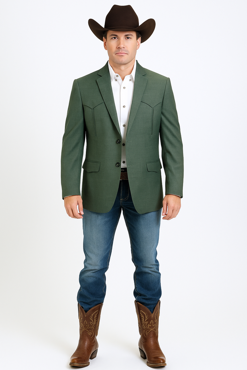 Green men's western blazer. Double-button closure, tailored fit, and two front pockets. Woven fabric with decorative chest stitching. Structured design.
