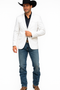 Men's white western blazer with a fitted, single-breasted design. Features textured fabric, notched lapels, two pockets, and western yoke details. Fully lined.
