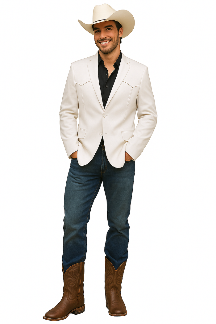 Men's white double-button western blazer with tailored fit. Features western yoke detailing & two front pockets. Smooth, structured fabric.
