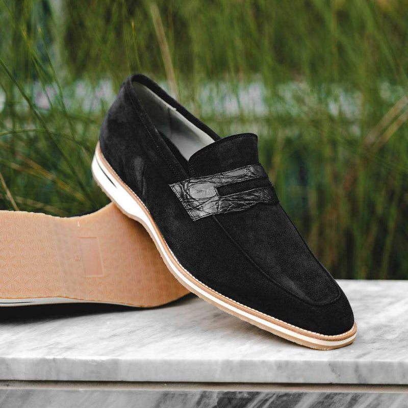 Zelli Meo 3 Suede and Crocodile Penny Loafers in Black