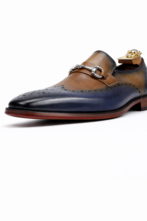 Mens Wholecut Two Tone Leather Wingtip Loafer Dress Shoes in Blue & Tan