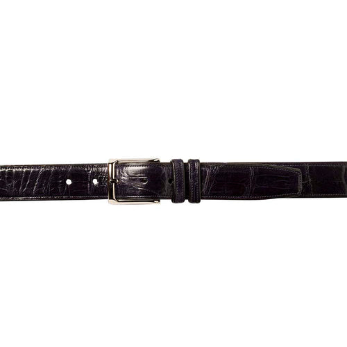 Mezlan AO7907 alligator belt. Rectangular, glossy, blue alligator leather. Silver buckle, multiple adjustment holes. Features distinctive textured pattern.