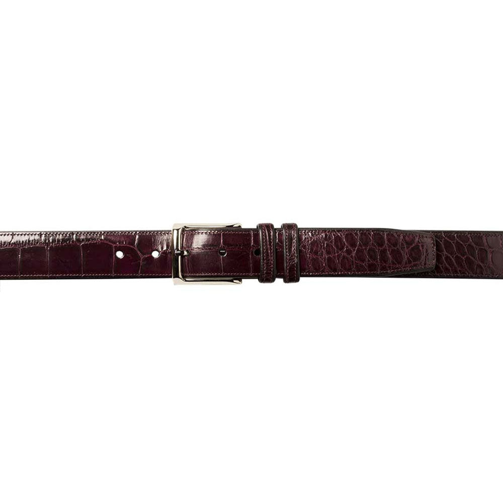 Burgundy Mezlan AO7907 alligator belt. Shiny, smooth surface with a unique alligator pattern. Silver buckle. Adjustable fit with multiple holes.