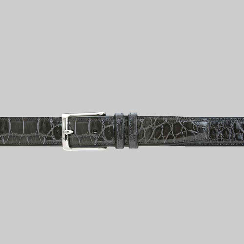 Mezlan AO7907 alligator belt. Grey, textured with a shiny finish and rectangular silver buckle. Features an alligator pattern, two keepers, and a sleek design.