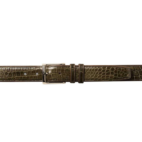 Olive green Mezlan AO7907 alligator belt. Textured pattern, silver-tone buckle. Adjustable with multiple holes. Smooth finish with leather keepers.