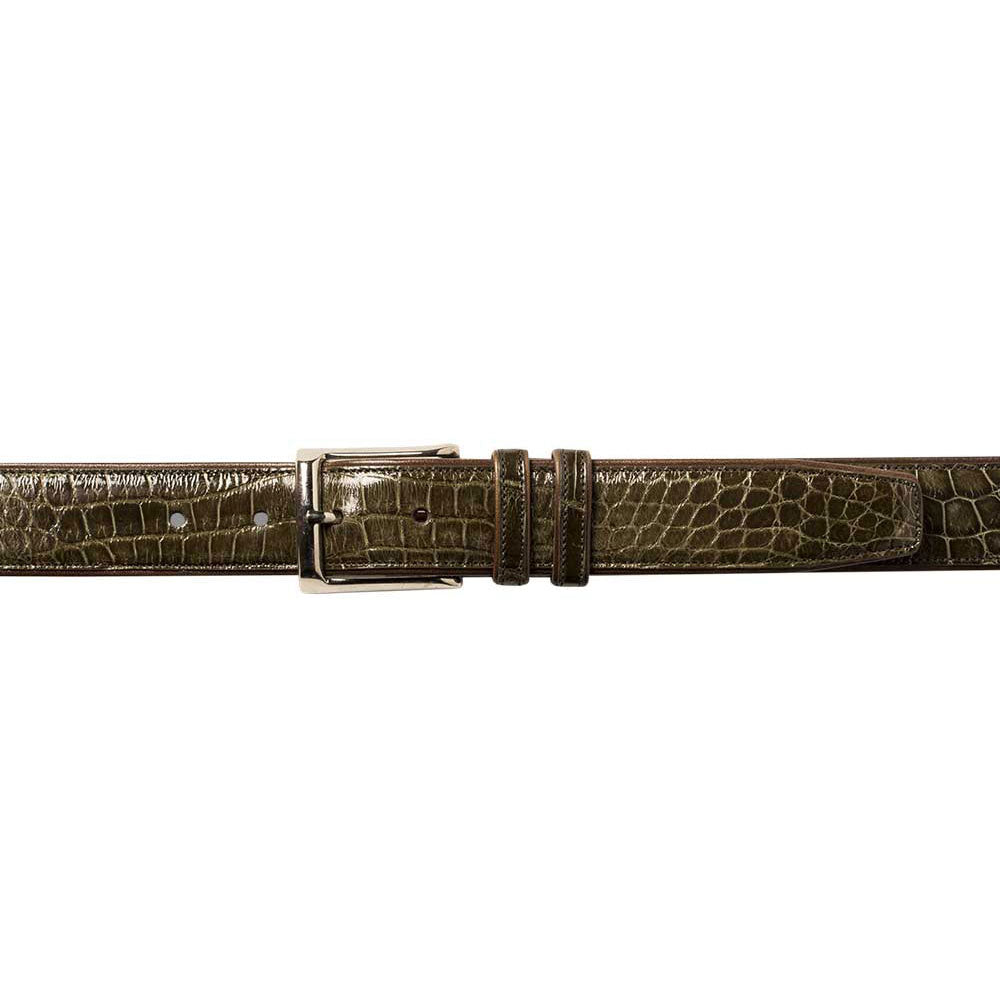 Olive green Mezlan AO7907 alligator belt. Textured pattern, silver-tone buckle. Adjustable with multiple holes. Smooth finish with leather keepers.