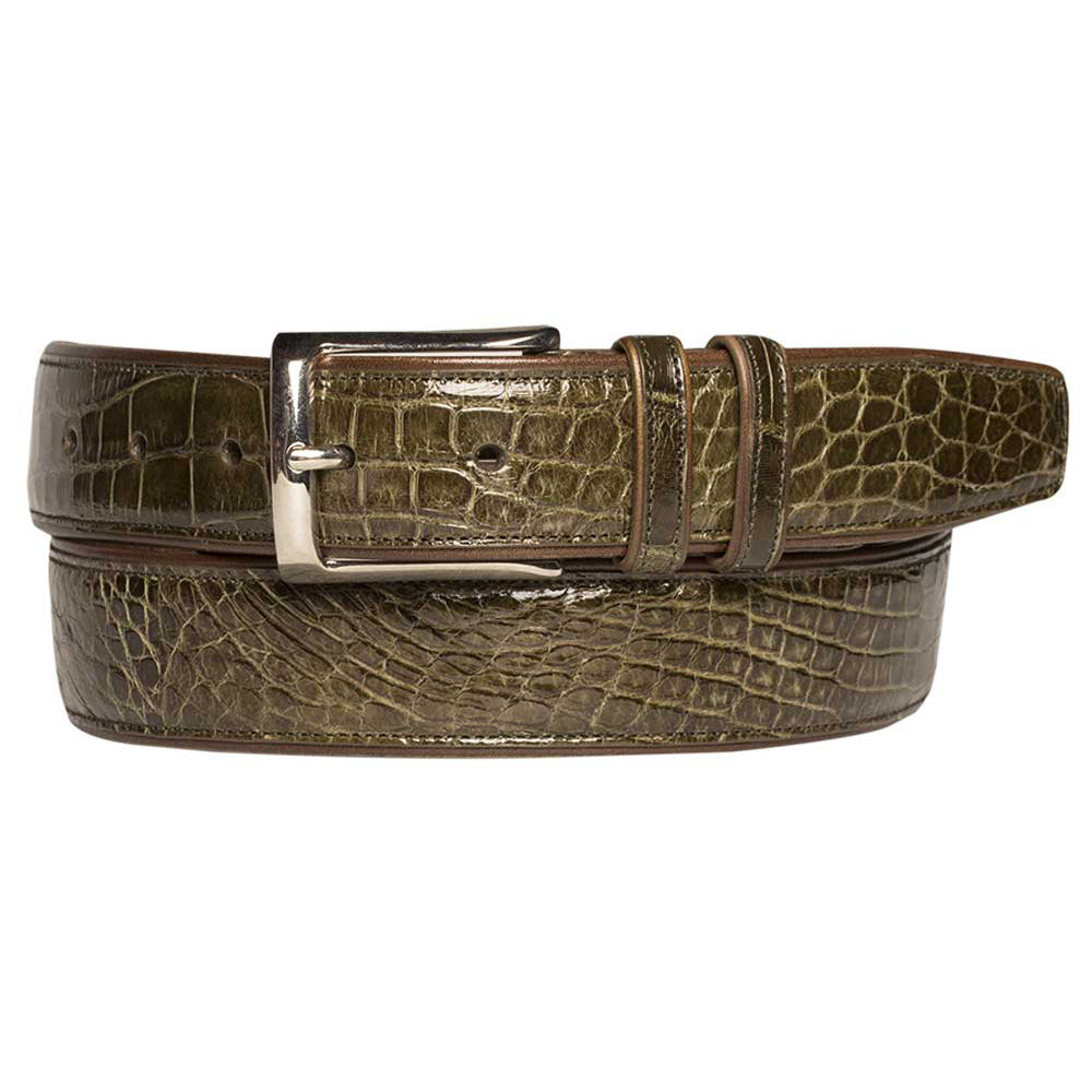 Olive green Mezlan AO7907 alligator-style belt. Glossy, textured surface, silver buckle, and two leather keepers. Exotic leather pattern in olive.
