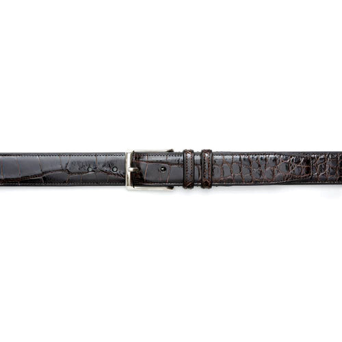 Dark brown Mezlan AO7907 alligator belt. Genuine alligator skin texture, silver buckle, and reinforced with stitching. A stylish and durable accessory.