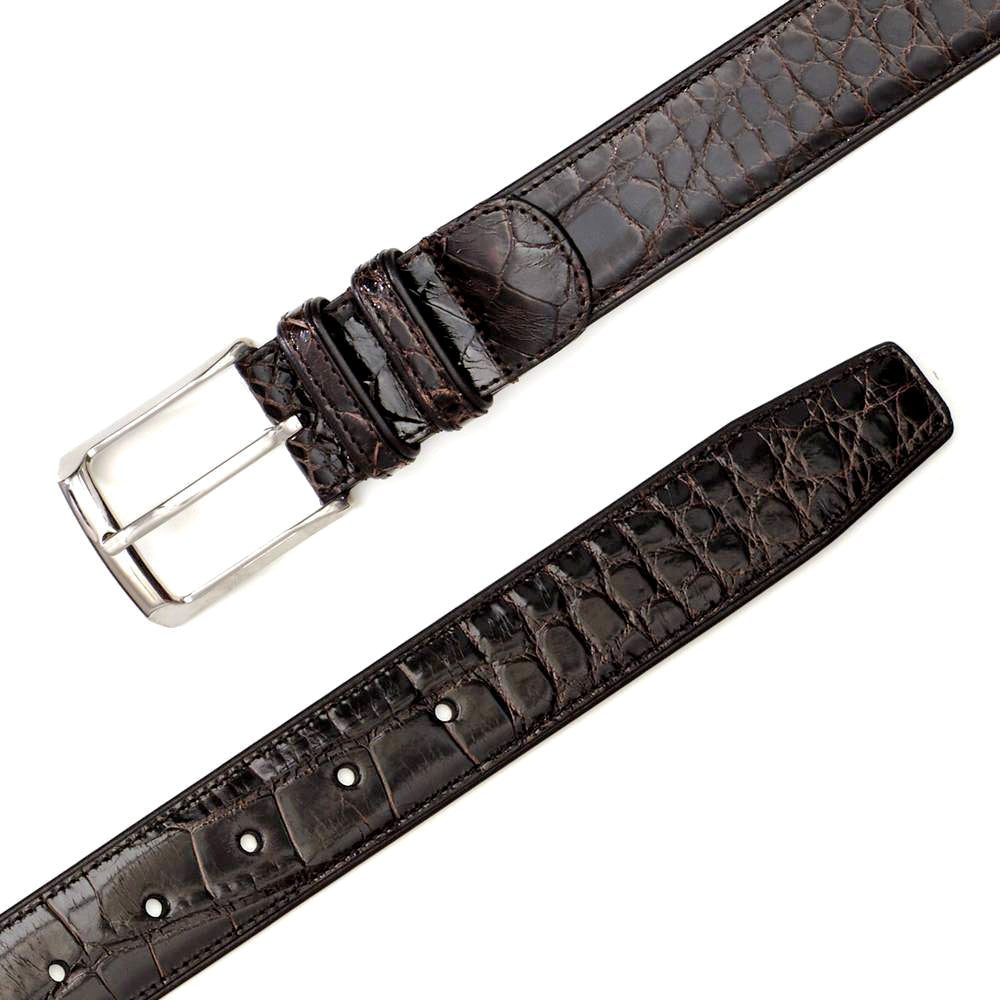 Dark brown Mezlan AO7907 alligator belt. Genuine leather with a smooth, shiny texture and a distinct alligator pattern. Silver rectangular buckle. Adjustable with multiple holes.