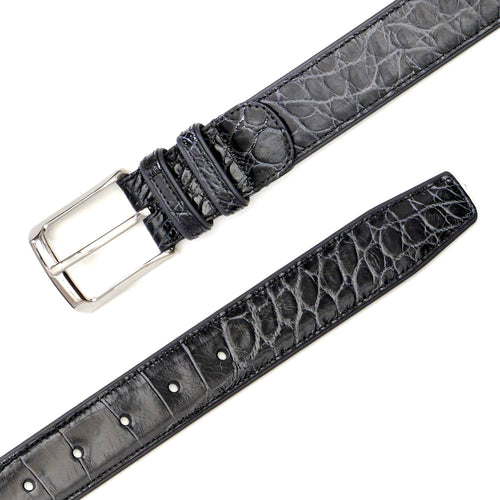 Mezlan AO7907 gray alligator belt. Genuine alligator skin texture, slightly tapered shape. Metal buckle, adjustable holes.