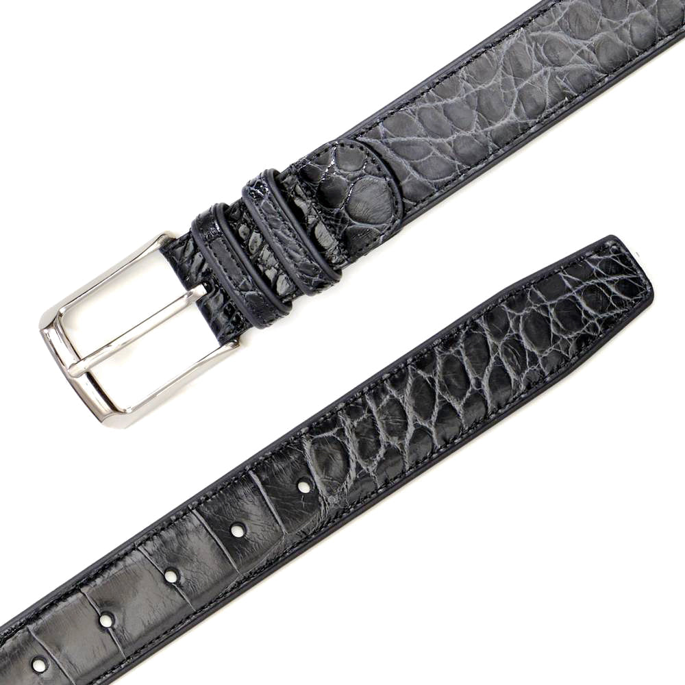 Mezlan AO7907 gray alligator belt. Genuine alligator skin texture, slightly tapered shape. Metal buckle, adjustable holes.