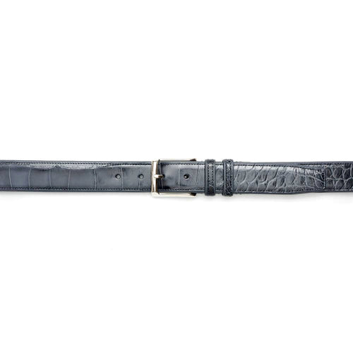 Mezlan AO7907 alligator belt: Gray, glossy finish with a textured pattern. Features a rectangular metallic buckle and evenly spaced holes for fastening.