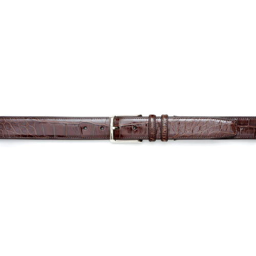 Mezlan AO7907 alligator belt. Genuine alligator skin, brown color with silver buckle. Standard width, multiple adjustment holes. Polished finish with a distinctive pattern.