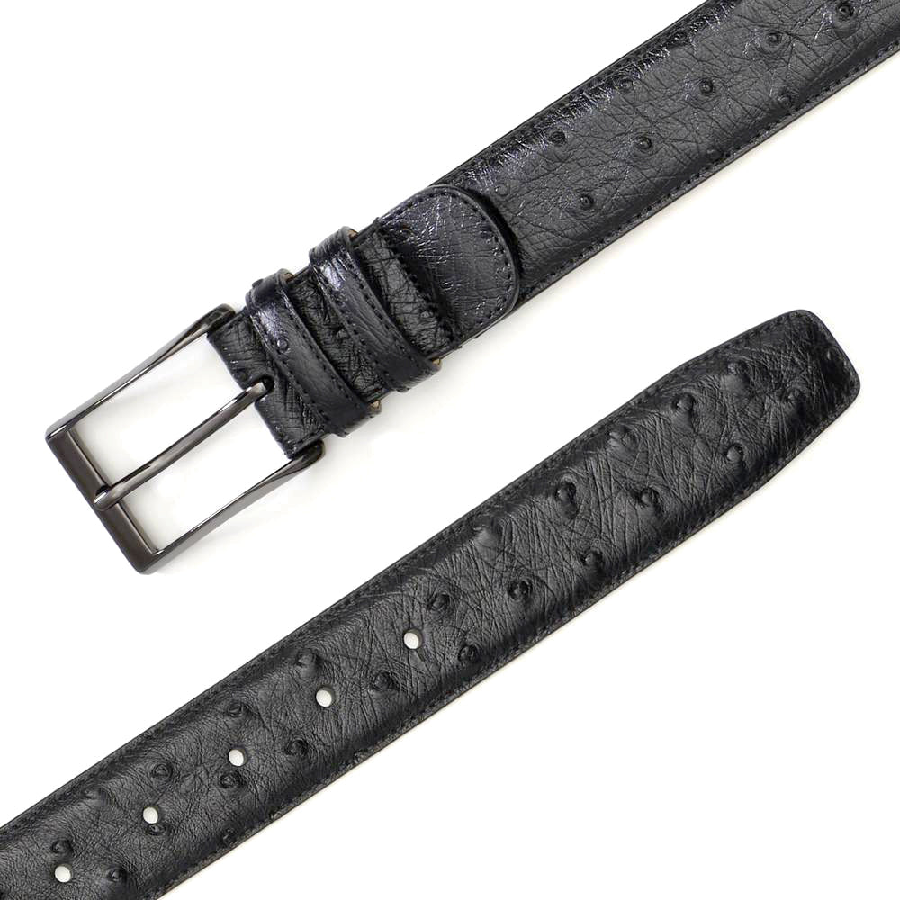Genuine Mezlan AO8146 ostrich belt in black. Textured leather with natural patterns, a rectangular metal buckle, and adjustable fit via multiple holes. Tapered ends for a sleek look.
