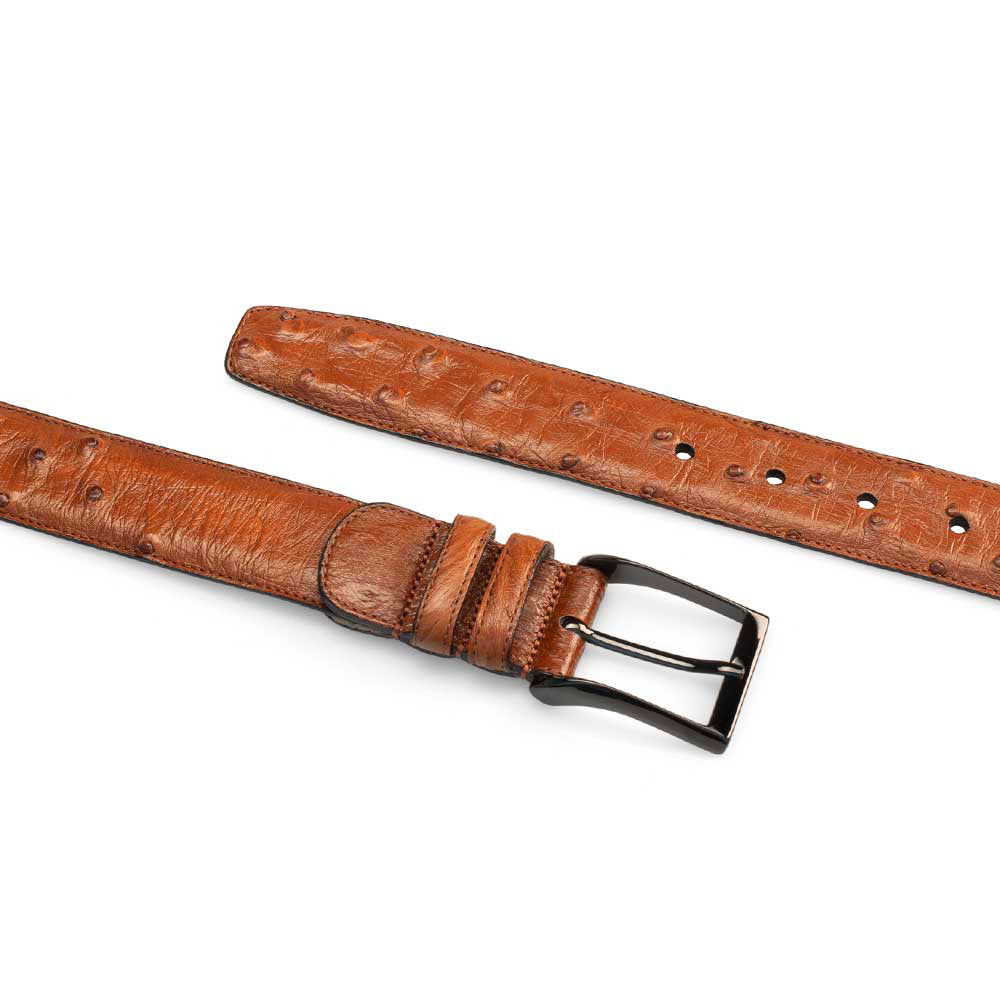 Mezlan AO8146 brandy belt: slim, smooth ostrich leather with quill detail. Rich brown color. Black metal buckle. Adjustable with multiple holes. Edge stitching.