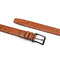 Mezlan AO8146 brandy belt: slim, smooth ostrich leather with quill detail. Rich brown color. Black metal buckle. Adjustable with multiple holes. Edge stitching.