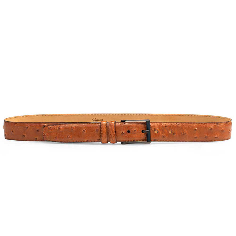 Mezlan AO8146 brandy belt: Textured ostrich leather with a rectangular metal buckle. Rich, warm brown color with a characteristic bumpy texture. Smooth inner lining, slight taper.