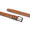 Mezlan AO8146 brandy ostrich quill belt: Tapered shape, textured quill pattern. Warm brandy leather, black metal buckle. Adjustable with evenly spaced holes and layered detail.