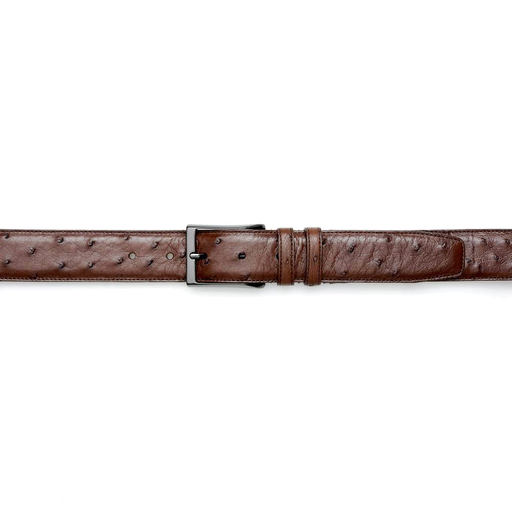 Genuine Mezlan AO8146 ostrich belt in tabac. Smooth, textured surface with small bumps. Black metallic buckle and adjustable strap.