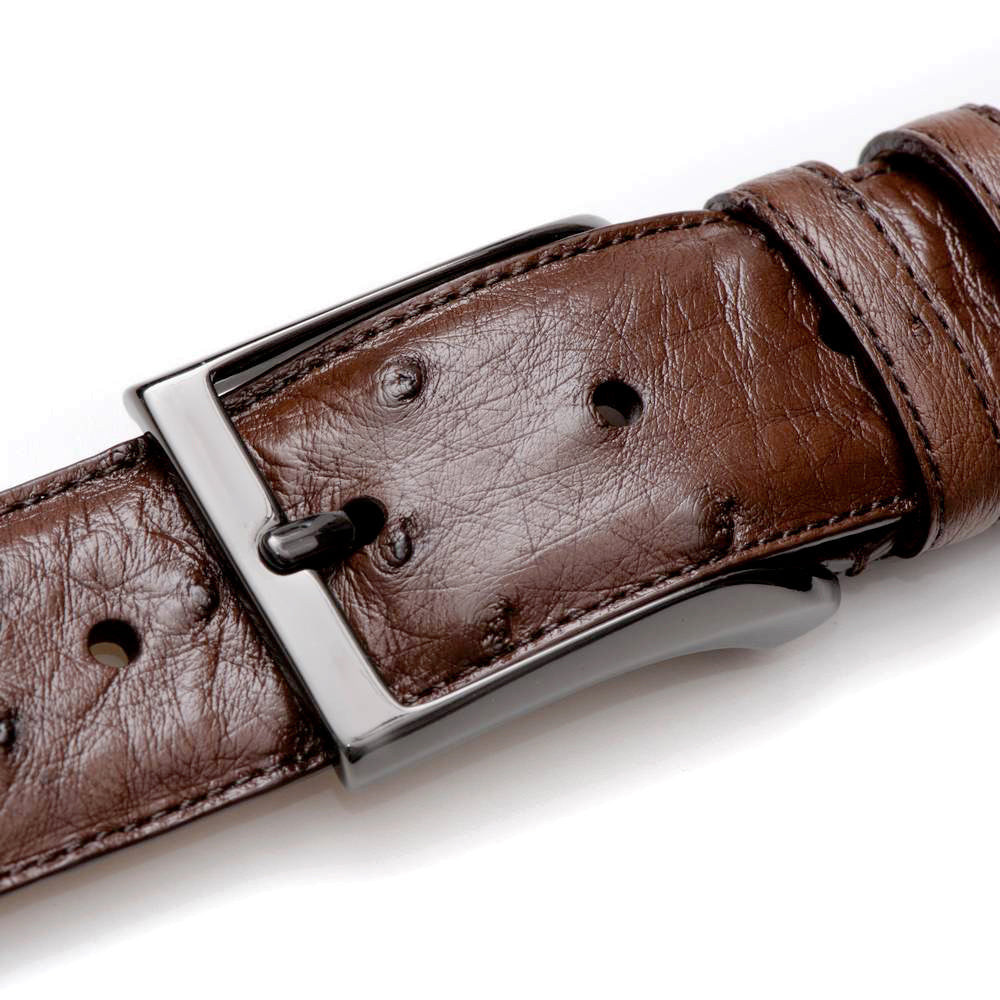 Genuine Mezlan AO8146 ostrich belt in Tabac brown. Textured leather with slight sheen. Black rectangular metal buckle. Adjustable with evenly spaced holes.